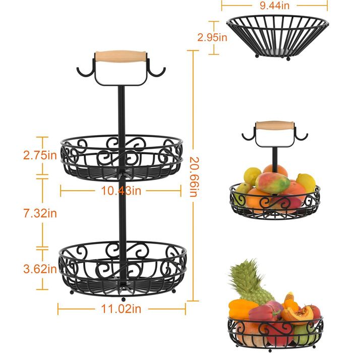 Двоярусний кошик для фруктів Couwilson з підвіскою для бананів та дерев'яною ручкою - органайзер для фруктів, овочів, хліба, цибулі, картоплі (Чорний)