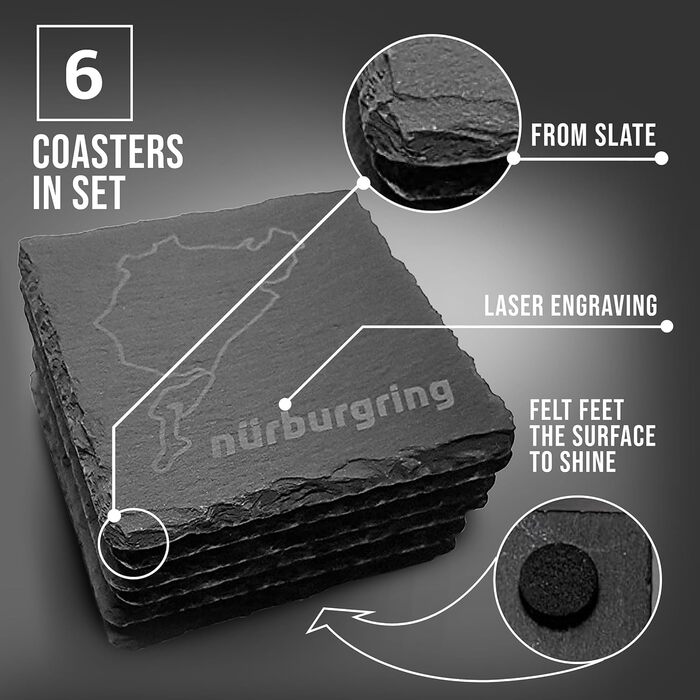 Nürburgring Coasters for Drinks, 6-Piece Set - Coasters made of slate, for home and the dining room, decoration, racing fans