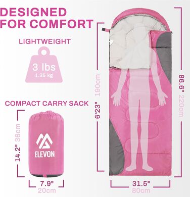 Спальний мішок Elevon для дорослих, підлітків та дітей, для холодної та теплої погоди, водонепроникний, легкий, компактний з компресійним мішком, для 3-4 сезонів, кемпінг, рюкзак, подорожі, зелений (1 особа, 1 шт., Рожевий)