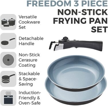 Набір посуду Tower Freedom T800203/T800202: 3 шт., керамічне покриття, знімний ручка, графіт, алюміній, сірий (24 та 28 см)