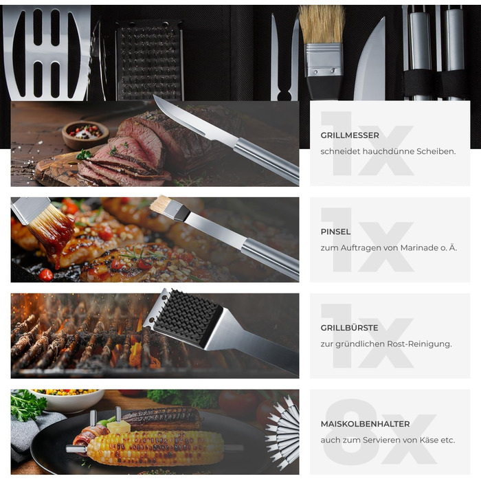 Набір гриля tectake® 18 предметів з нержавіючої сталі в алюмінієвому кейсі. Аксесуари для гриля, мангала, барбекю: для вугільного гриля, Smoker, шашлику, в саду, на кемпінгу. Ідеальний подарунок для чоловіків. В комплекті: виделка для м'яса.