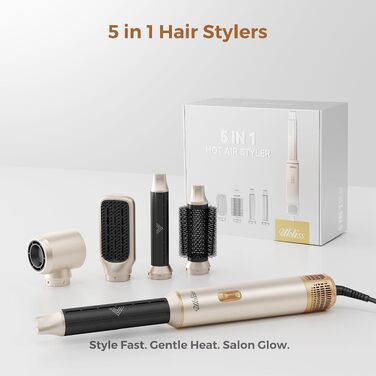 Мультистайлер для волосся 5 в 1 UKLISS Airstyler Pro 1000W: фен, кругла щітка для сушіння, завитки, випрямляч та гаряче повітря, сріблясто-золотий