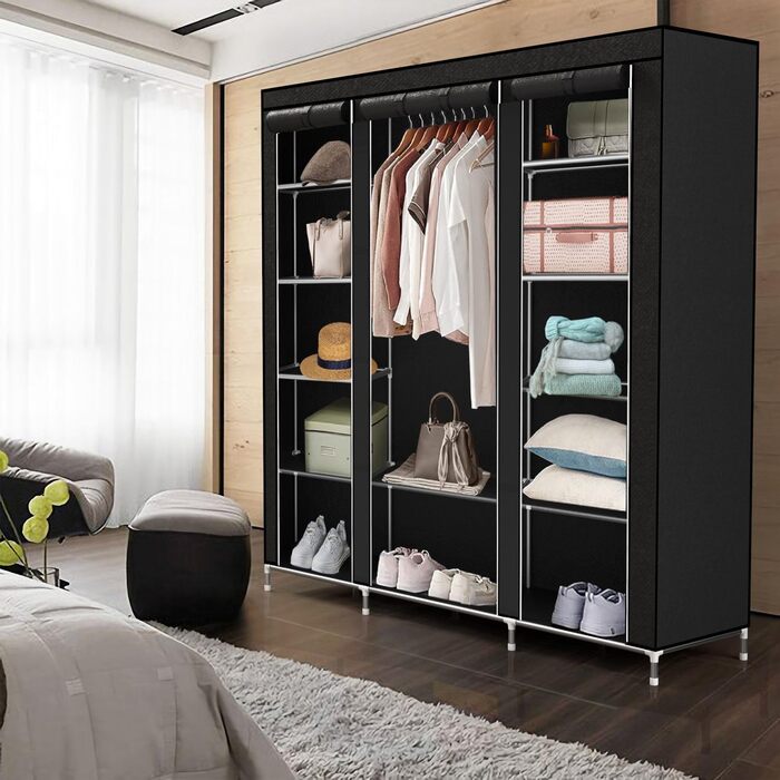 INTIRILIFE Folding Wardrobe 150x175x45 cm in Raven BLACK - with Zipper Fabric Wardrobe, Clothes Rack, Compartments and Side Pocket - Camping Pop-up Wardrobe Textile Clothes Rack