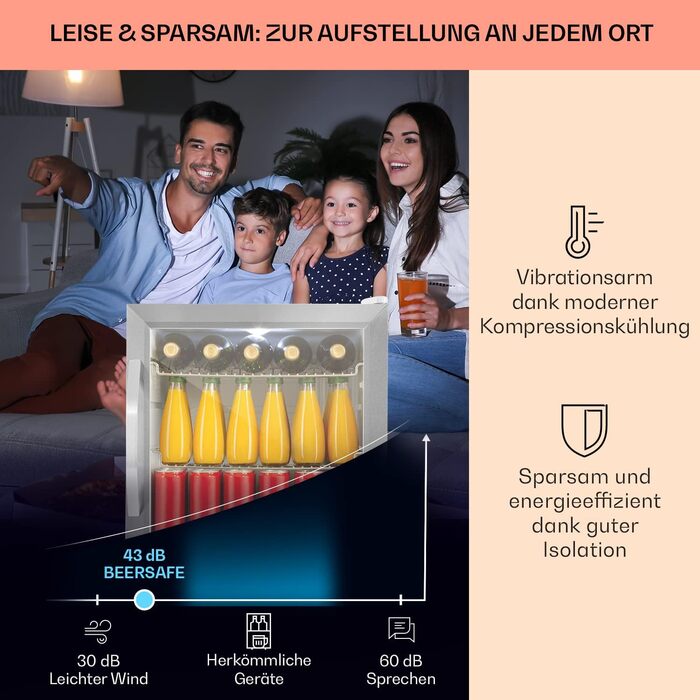 Klarstein Mini-холодильник з скляними дверцятами, 47 літрів, для кімнати, тихий, indoor/outdoor, срібно-білий