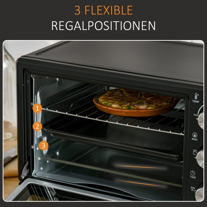 HOMCOM Mini Oven 21L, 3 Cooking Modes, 100°C-230°C, 1400W, Stainless Steel & Glass, Black+Silver, 46.4x38x28.5cm | Aosom