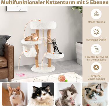 Кігтеточка для котів COSTWAY 87 см з гамаком, джутовим покриттям та м'якими сидіннями, дерев'яний кігтеточний комплекс, білий, 2 стовпчики