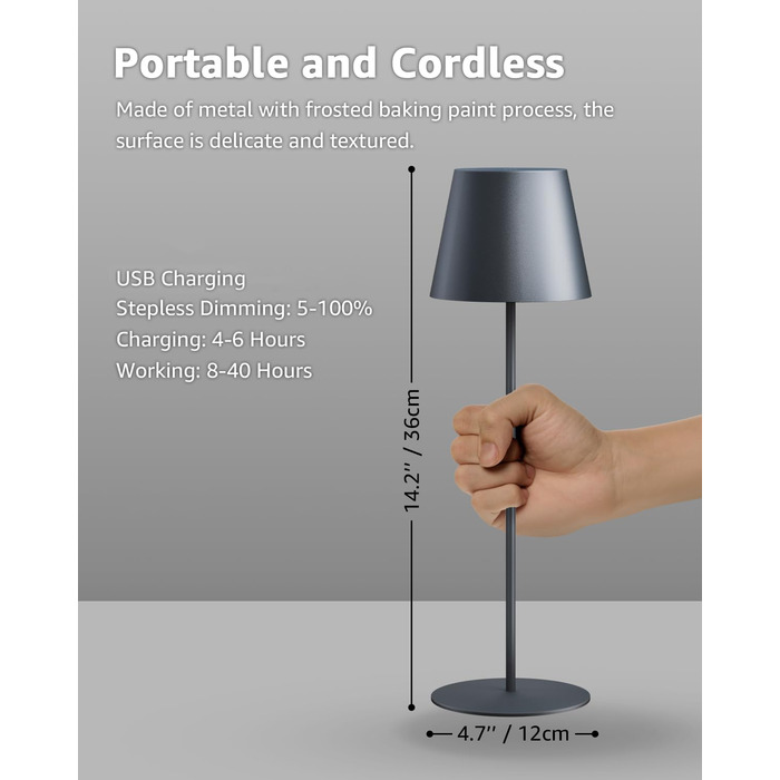 LED настільна лампа FUYO з USB-C зарядкою, акумуляторна, для дому та вулиці, сенсорне керування, регулювання яскравості, 2700K-6000K, 3 кольори, сіра (1 шт.)
