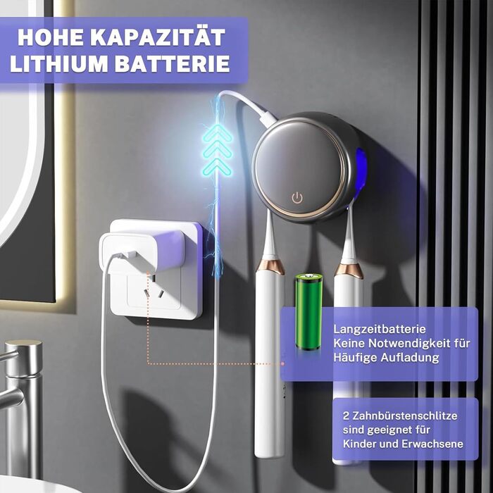 Maxspace UV Toothbrush Sterilizer, UV Disinfection Toothbrush Holder for Wall Mounting with Drying, Rechargeable Toothbrush Holder with 2 Toothbrush Slots for Bathroom (Black)