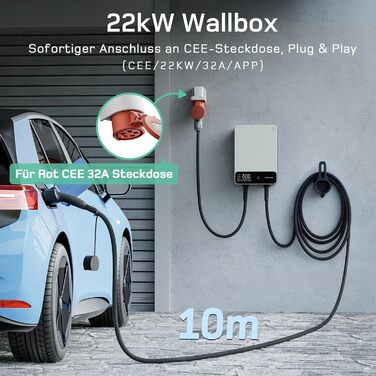 Wallbox 11 кВт з APP, кабель Type 2 7.5м з тримачем, 3-фазний зарядний пристрій для електромобілів (6-16A, 400V), BEV/PHEV, RCD Type A 30mA AC + 6mA DC, IP54, чорний. CEE 22кВт, 10м білий.