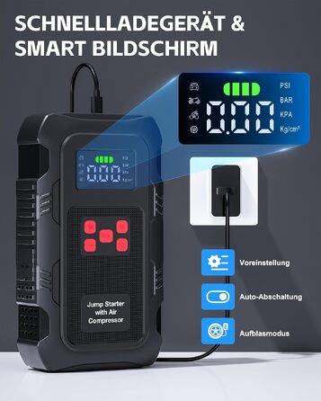 Пусковий пристрій Povasee Jump Starter 9000A з компресором 150 PSI та павербанком, автомобільний бустер 12V для бензинових та дизельних авто, з ліхтарем (Чорно-червоний)