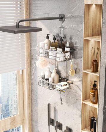 HapiRm Shower Shelf to Hang with Razor Holder & Soap Holder - Hanging Shower Shelf with Multiple Hooks - High-Quality Hanging Shower Shelf Stainless Steel No Drilling-Silver
