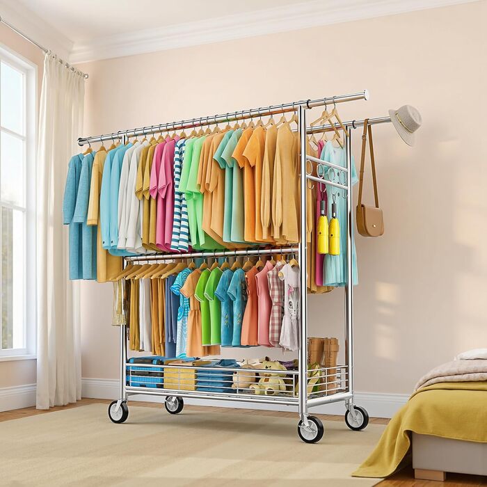 Вішалка для одягу Bomclap з міцним навантаженням, хромована, з колесами, висувна, 3 перекладини, 8 гачків, металева полиця, до 160 кг