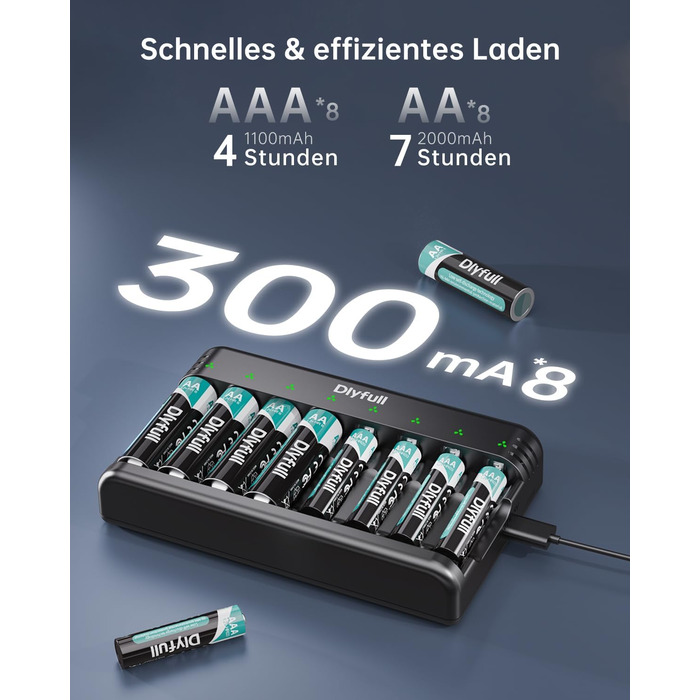 Зарядний пристрій Dlyfull для акумуляторів AAA/AA, 8-канальний зарядний пристрій з LED-дисплеєм, 5V/2A USB-C, для NI-MH/NI-CD, чорний