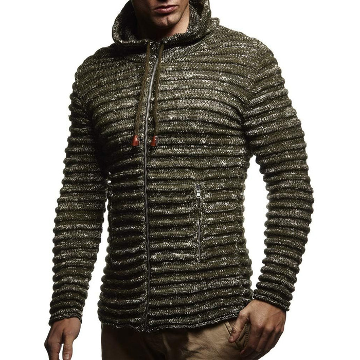 Кардиган чоловічий Leif Nelson з капюшоном та блискавкою - в'язана спортивна куртка, модель Cardigan для зими, бавовна (3XL, Хакі)