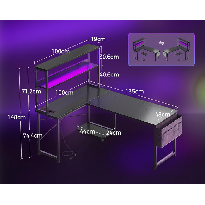 Ігровий стіл Coleshome L-подібної форми з LED-підсвічуванням та розетками, 135 × 100 см. Реверсивний кутовий стіл з полицями для зберігання, з кишенькою для аксесуарів. Чорний колір. Підходить для home office та геймінгу.