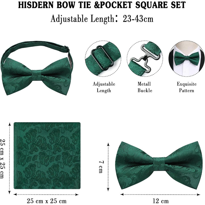 HISDERN Комплект краватка-метелик, кишеньковий хустинка та краваткові застібки з візерунком павлінового ока, з гачком, регульована, попередньо зав'язана, для весілля, свят, Різдва, Хелловіну (A-Зелений)