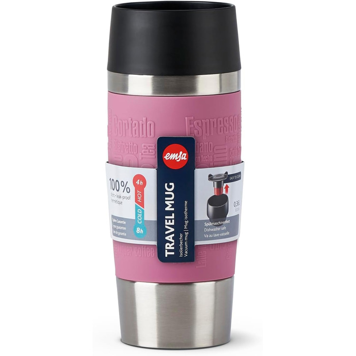 Термокружка Emsa Travel Mug Classic, 360 мл, рожевий колір, з термоізоляцією, Quick-Press, 360° відкриття, для напоїв на виніс
