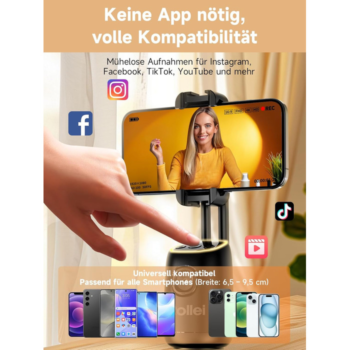 Rollei Easy Creator Desktop: Стабілізатор відео для смартфонів з AI-трекінгом, 360° обертання, вбудований акумулятор, для TikTok Live Streaming