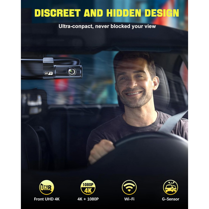 Відеореєстратор AQV Dashcam Auto Vorne und Hinten 4K з WiFi, 64GB SD, G-сенсор, Super Night Vision, 170°+140° Кут огляду, Black-D18