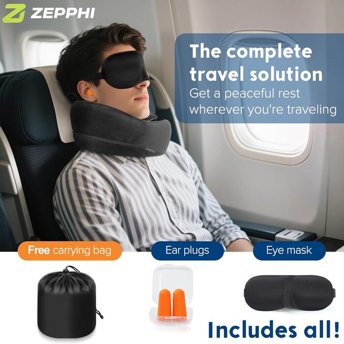 Подушка для шиї у літак, Memory Foam, для дорослих, ергономічна підтримка шиї з 3D-маскою для сну, навушниками, сумкою - ідеальна для літака, авто, дому, офісу, подушка для сну (Сірий)
