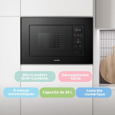 Вбудована мікрохвильова піч COMFEE' CBMAG820BJL-BK, 20 л, 800 Вт, гриль, 5 рівнів потужності, 8 автоматичних меню, функція швидкої заморозки, чорний колір