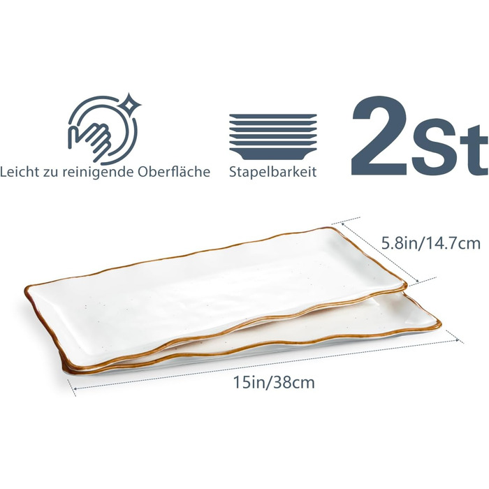 ONEMORE Porcelain Serving Platter Set - Rectangular 2-Piece Set, 38 cm Serving Tray, Long Serving Plates, Small Dinner Plates for Dessert, Cake, Sushi, Salad, Antipasti