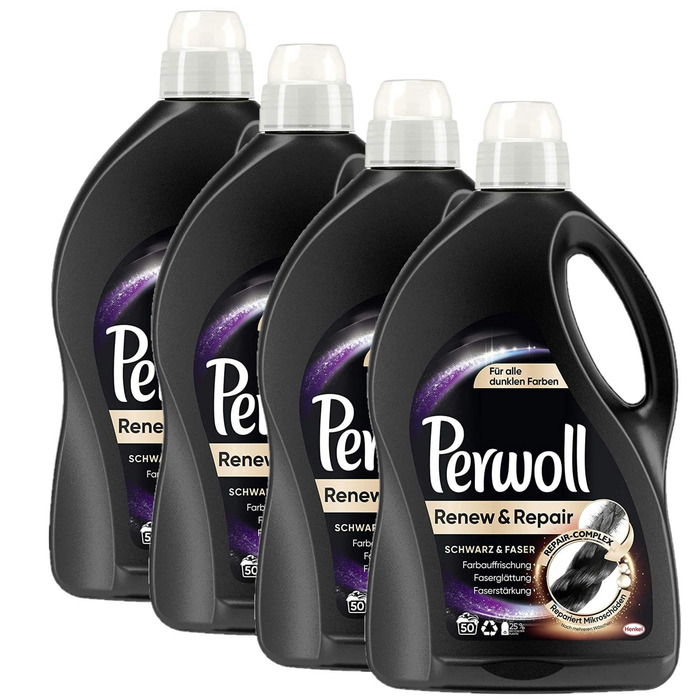 Рідкий засіб для прання чорної білизни Perwoll Renew & Repair Schwarz & Faser, 200 прань (4 x 50), для відновлення кольору та догляду за волокнами
