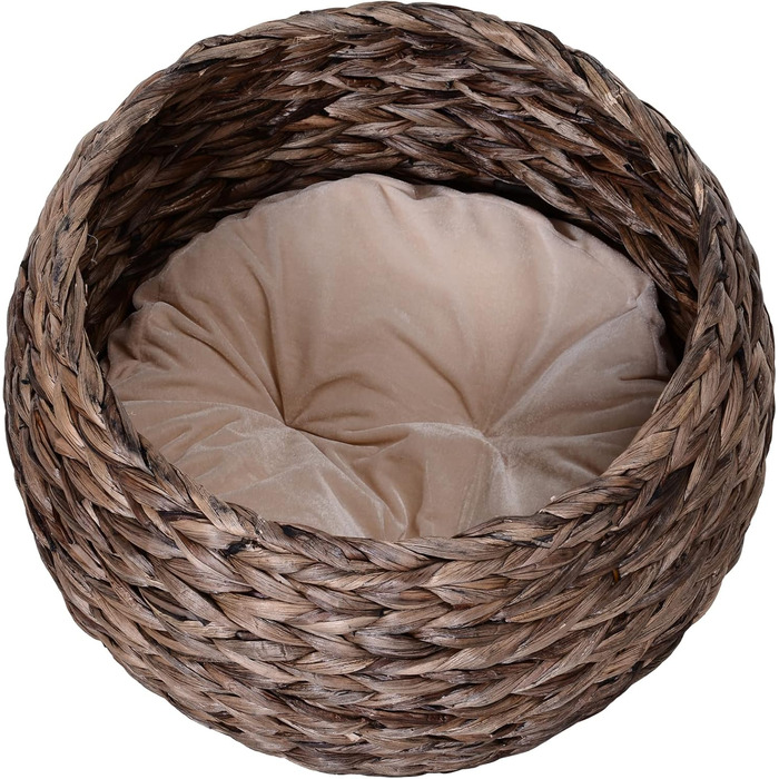 PawHut Rattan Cat Basket Cat Cave Cat House Cat Bed with Cushion Pet Bed Water Hyacinth 42 x 33 x 52 cm (50L x 42W x 60H cm, Coffee)