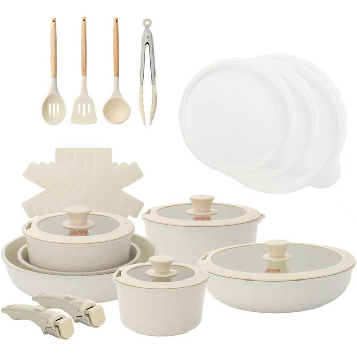 Набір посуду UCCLIFE 24 шт. з антипригарним покриттям Ceramic - сумісний з індукцією, для духовки та мийки, стійкий до подряпин, без PFOA та PFOS, з кришками та аксесуарами