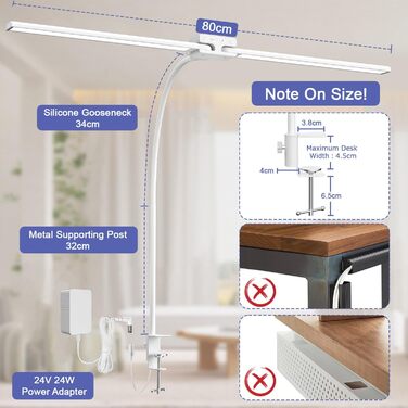 LED настільна лампа EppieBasic 24W з регулюванням яскравості, 80см, з кріпленням, захистом для очей, гнушим шийкою, для офісу, монітора, робочого місця, з таймером, чорна