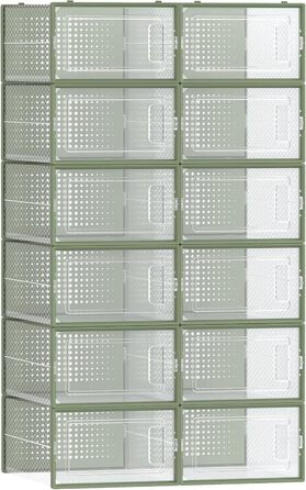SONGMICS Shoe Boxes, 12-Piece Set, Plastic Shoe Organizer, Foldable and Stackable, for Shoes up to Size 44, Transparent-White LSP12SWT (12-Piece Set for Shoes up to Size 44, Transparent + Laurel Green)