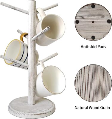 Dorho Cup Holder, Tree, Coffee Cup Holder with 6 Hooks, Wooden Cup Holder for Countertop, Coffee Bar Accessories and Organizer Station, White (Rustic White)