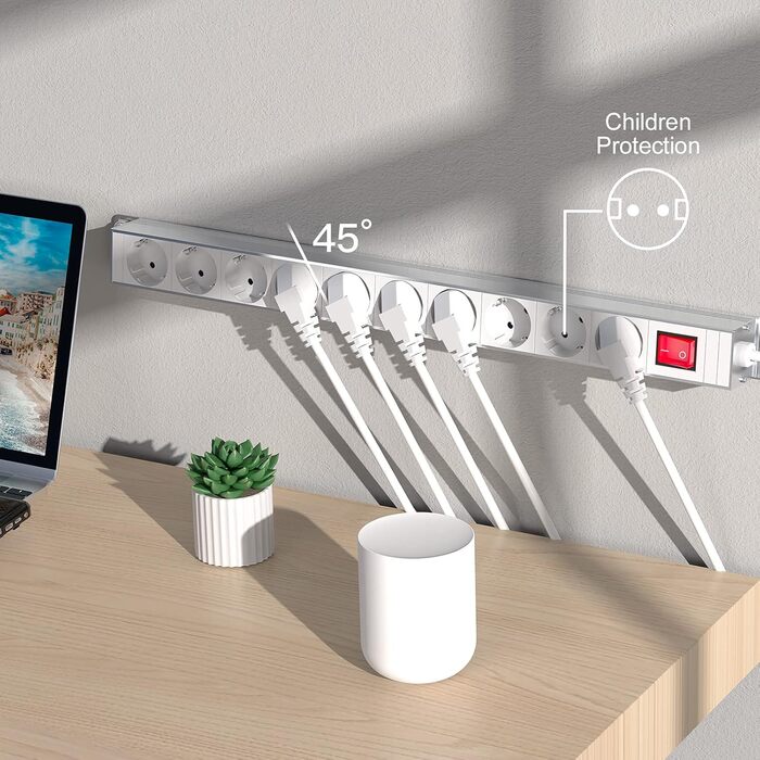 Мережевий фільтр 10 розеток з захистом від перенапруги, з вимикачем та поворотними кріпленнями, металевий корпус (білий)