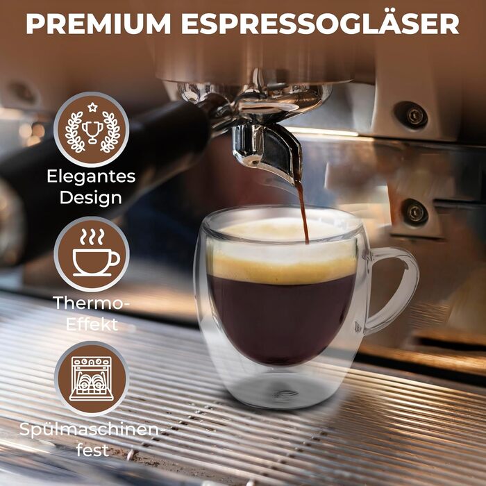 Набір з 4 еспресо-чашок Zobel 80 мл з подвійними стінками та ручкою з боросилікатного скла, з фетровими підставками. Можливе миття в посудомийній машині, термостійкі. Ефект левітації.