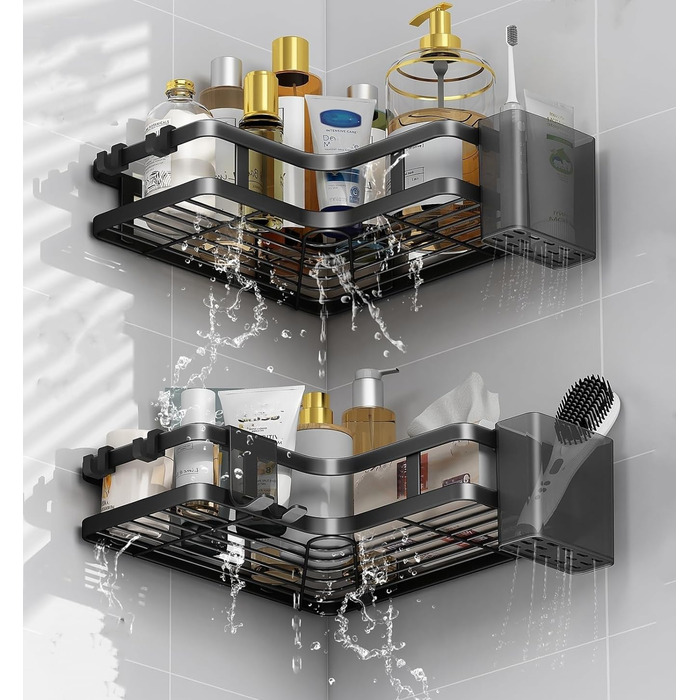 Поличка для душу без свердління, чорна, кутова, 2 шт. Трикутні кошики для душу, органайзер для ванної кімнати з 4 гачками, аксесуари для душу, тримач для шампуню в душ для ванної кімнати