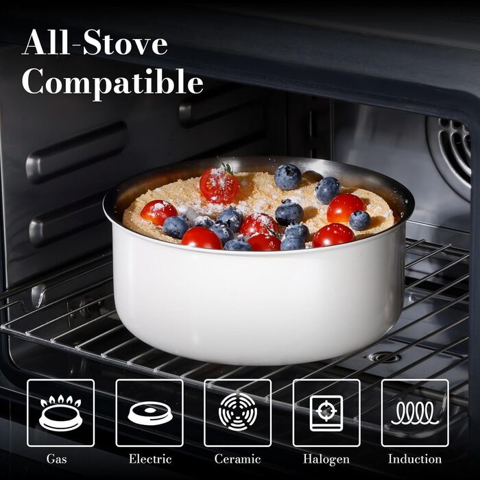 Набір посуду з нержавіючої сталі 14 предметів: сковорода 24 см, каструлі 18/20 см, знімні ручки, керамічне покриття, підходить для всіх плит, білий