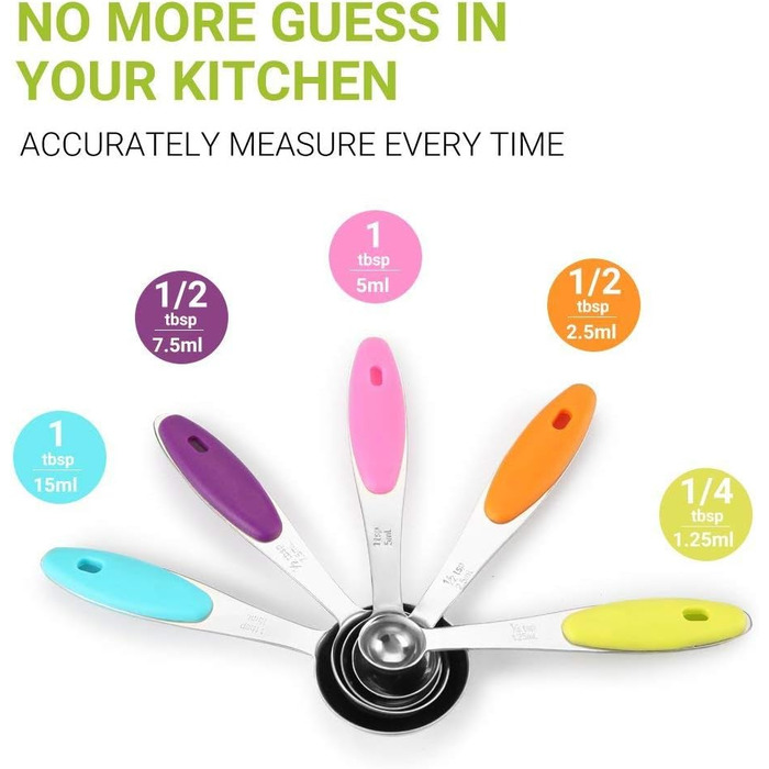 Набір мірних ложок Xingxinrong з нержавіючої сталі (5 мірних ложок + 1 ложка) з силіконовою ручкою, з гравіюванням шкали (US та міжнародна), придатний для миття в посудомийній машині, для приготування та випічки, кухонний аксесуар
