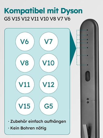 Стійка для пилососів Dyson G5, V15, V12, V11, V10, V8, V7, V6, металева, з 4 гачками та 4 полицями, без свердління, стабільна, підлогова, приховане кріплення кабелю (Темно-сірий)