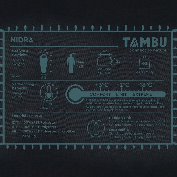 Спальний мішок TAMBU Mumienschlafsack 80x210см - компактний, для літа, осені та зими. Теплий, для кемпінгу, подорожей, фестивалів. Без PFC, синій.