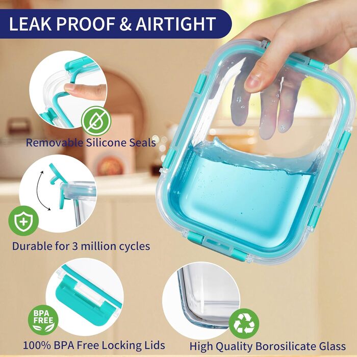 Контейнери для зберігання їжі MFY 12 шт. з кришками, скляні, зелені - Meal Prep Box, для мікрохвильовки та посудомийки