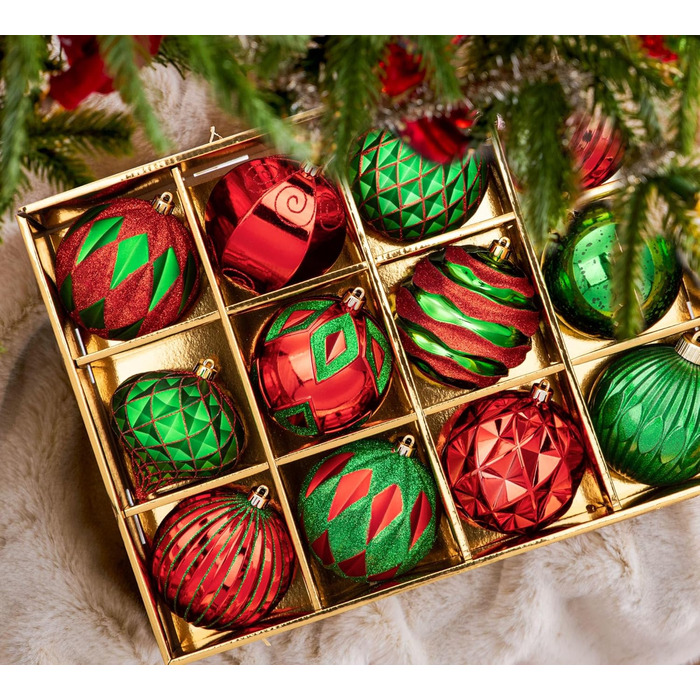 Набір з 12 штучок різдвяних кулі 10 см, великі, ударостійкі, для прикраси ялинки, з гачком (червоно-зелені)