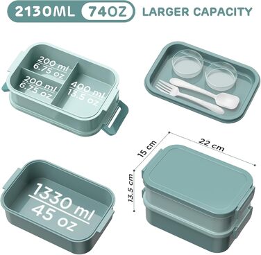WayEee Ланчбокс для дорослих 2130 мл, Bento Box, витікання, Brotdose, BPA Free, для офісу, школи (Зелений)