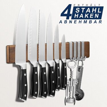 ENOKING Magnetic Knife Rail 40 cm, Magnetic Knife Block without Knives, Magnetic Knife Holder made of Acacia Wood with 4 Hooks