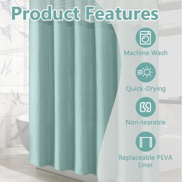 Завіса для душу з тканини вафельного плетіння FY&XZH з гачками, важка, водонепроникна, з покриттям TPU, стиль готелю з сітчастим віконцем, 2 гачки, стійкі до корозії (Зелений, 83 x 83 см)