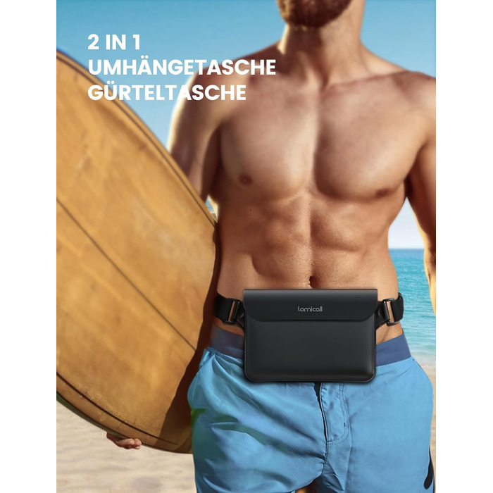Водонепроникна сумка Lamicall [2 шт.] - водонепроникний поясний мішок з регульованим ремінцем, IPX8, для водного спорту, плавання, пляжу, катання на човнах - чорний