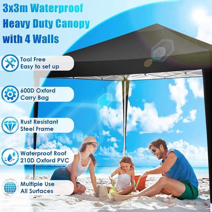COBIZI Gazebo 3x3m Waterproof, Stable, Winter-Proof, Foldable Pop-up Gazebo Party Tent Garden Gazebo for Beach Wedding, with 4 Side Panels, UV Protection 50+, Adjustable Height, Black
