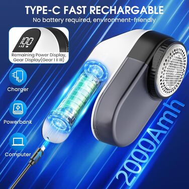 Електричний видалення ворсу Maxtachi - бездротовий зніматич ворсу для одягу з LED-дисплеєм, 6-клинковий ніж, для всіх тканин, чорний