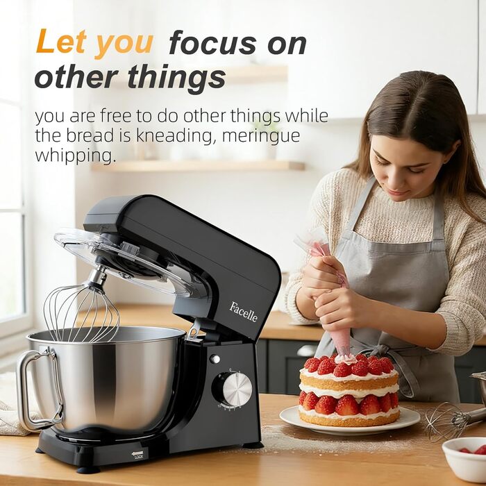 Планетарний кухонний комбайн-міксер 1300W, чаша з нержавіючої сталі 5.5л, 10 швидкостей, з насадками (гак, вінчик, міксер) та захистом від бризок, чорний