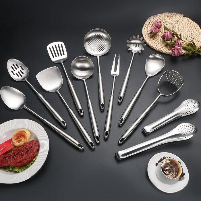 Набір кухонних аксесуарів з нержавіючої сталі 304, 12 предметів. Комплект кухонного начиння з лопаткою, половником, ложками, шумівкою, лопаткою для перевертання, щипцями (сріблястий, придатний для миття в посудомийній машині)