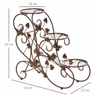 Outsunny 3-Tier Flower Stand, French Style Metal Plant Shelf in Bronze, 76x27x67cm for Garden Balcony
